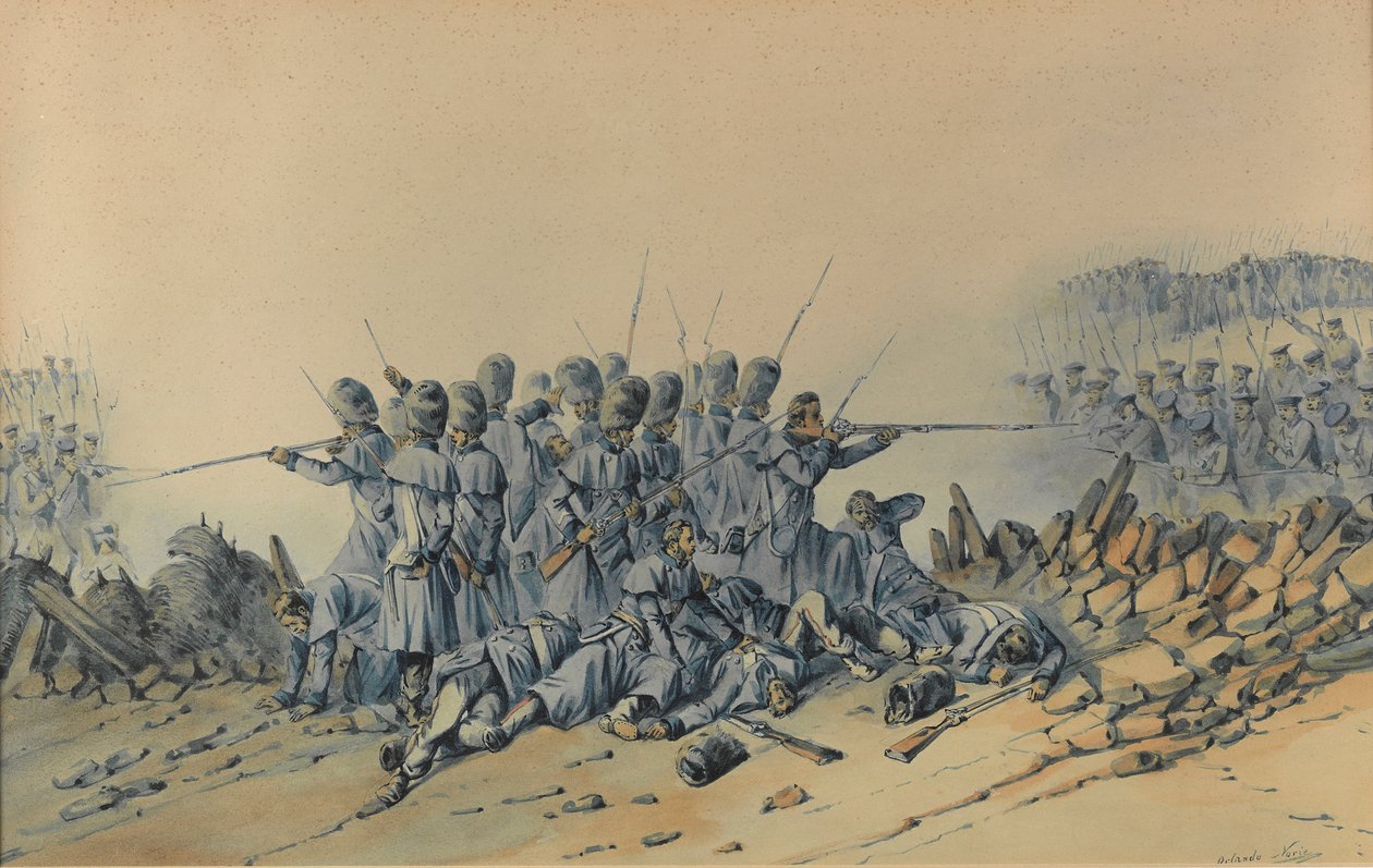 Last Stand of the Guards at the Sandbag Redout (akvarell på papir) av Orlando Norie