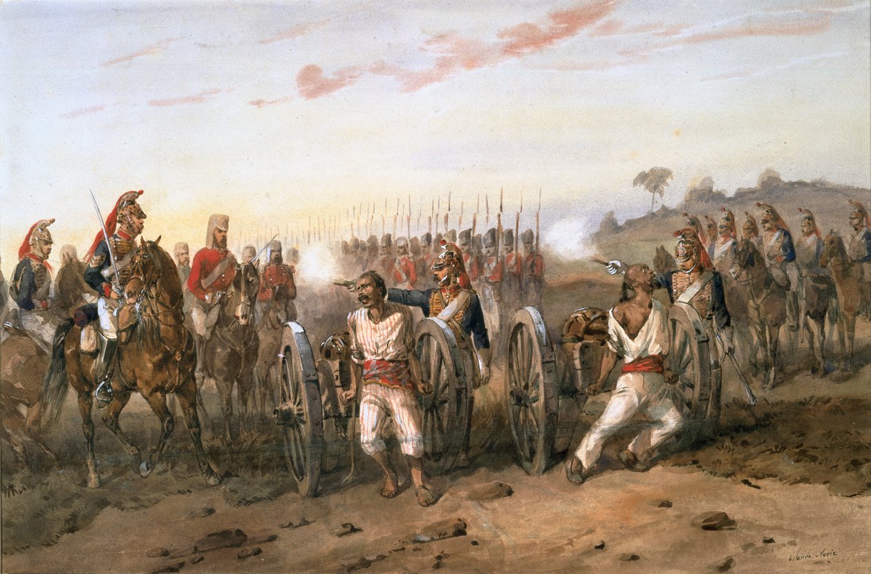 Mytterister i ferd med å bli sprengt fra våpen av Bengal Horse Artillery, ca. 1858 (akvarell på papir) av Orlando Norie