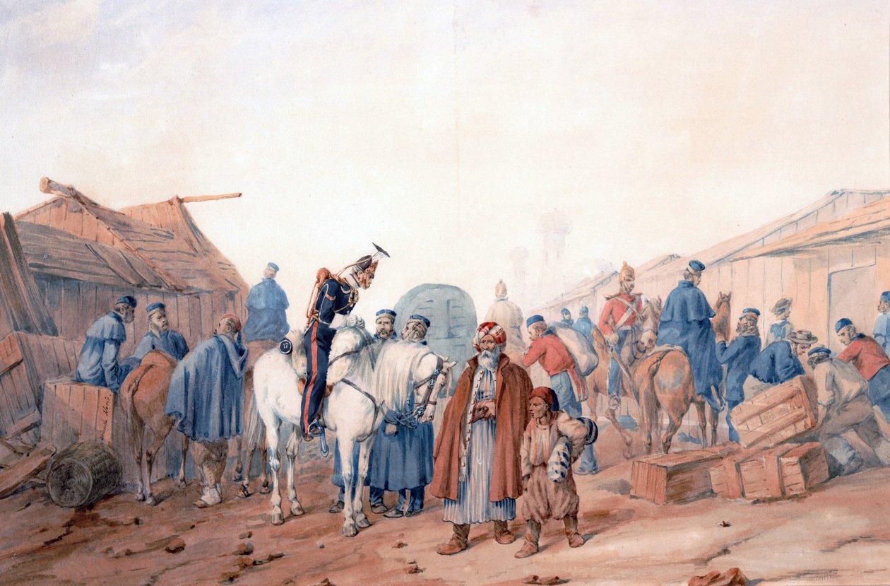 Forsyningsbase til den britiske hæren ved Balaclava (Balaklava) havn - Norie, Orlando (1832-1901) - 1854 - Akvarell på papir - 36,3x52,6 - Privat samling av Orlando Norie