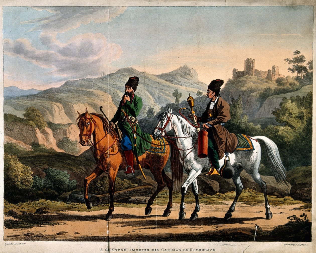 Perser som røyker en vannpipe på hesteryggen, ca 1820 av Orlowski