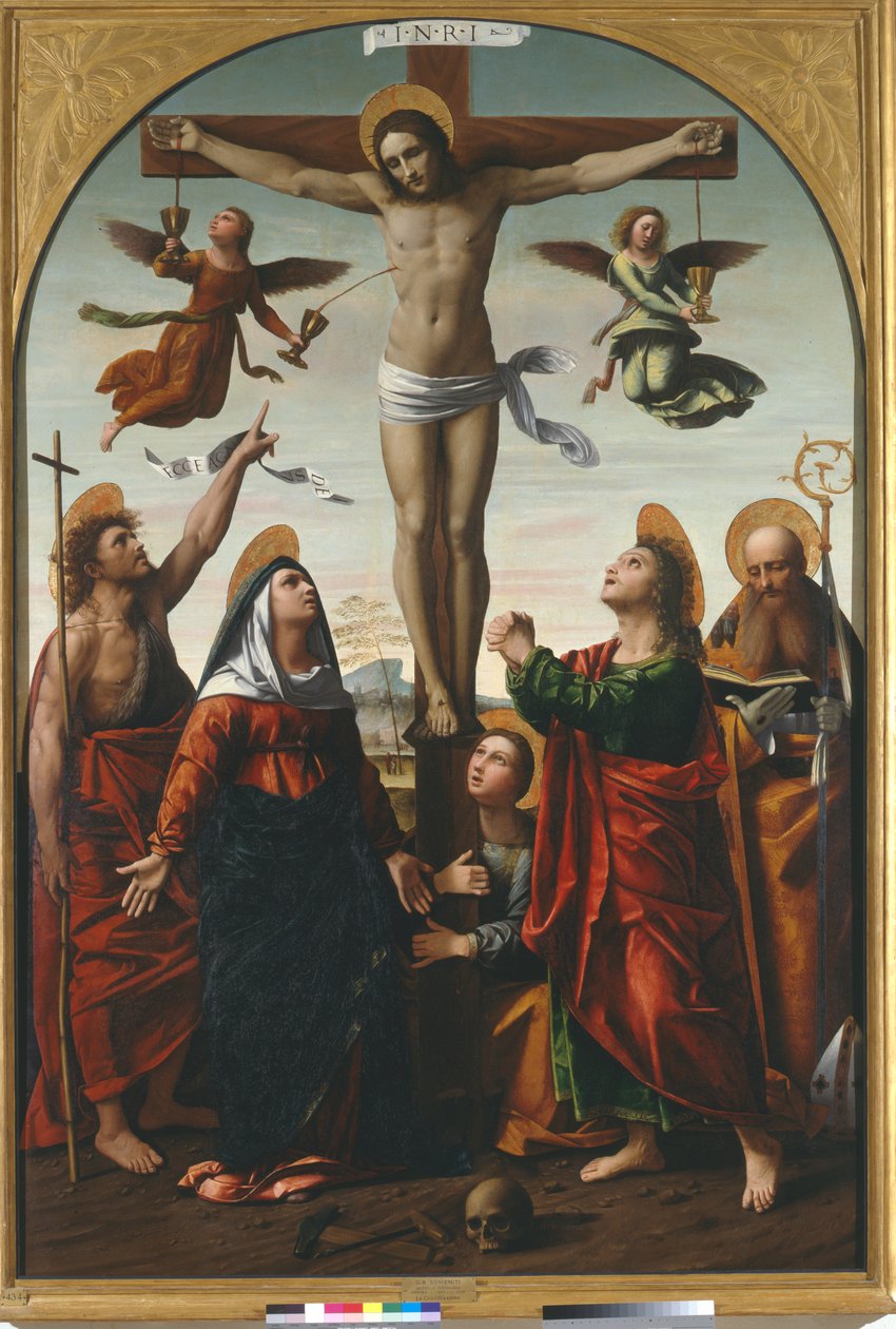 Korsfestelse med jomfruen og døperen Johannes, Maria Magdalena, evangelisten Johannes og Augustin av Ortolano