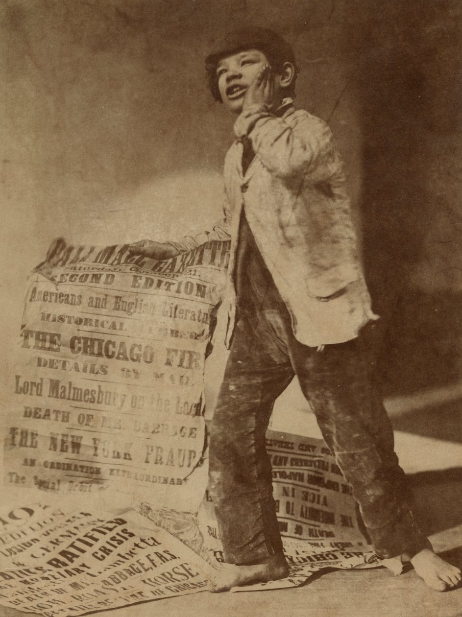 Stillingsbilde av en avisgutt som roper ut nyhetene om Chicago-brannen i 1871, 1871 av Oscar Gustav Rejlander