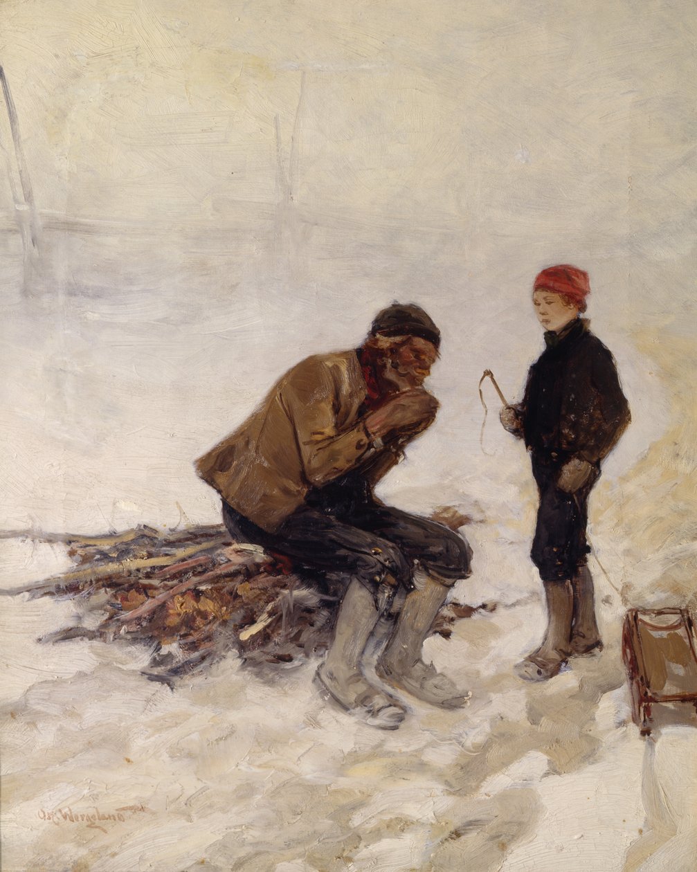 Gammel mann og en gutt på isen av Oscar Arnold Wergeland