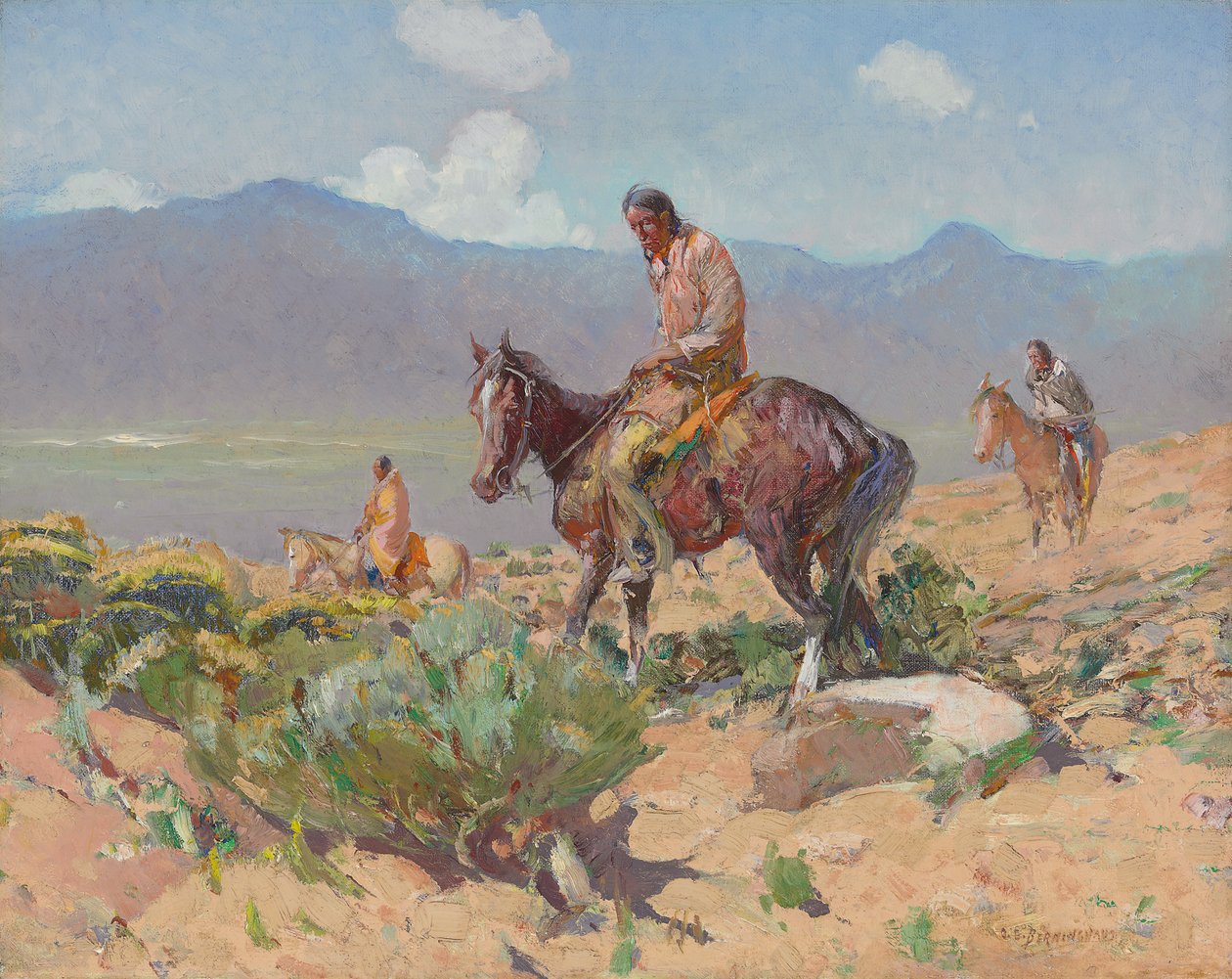 Indians on Horseback (Summer Hunt) (olje på lerret) av Oscar Edward Berninghaus
