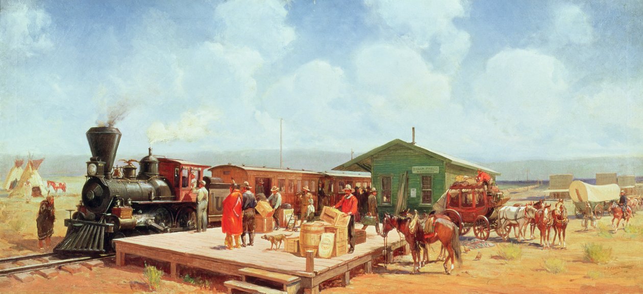 Western Railway Station, Frontier Days, ca. 1901 (olje på lerret) av Oscar Edward Berninghaus