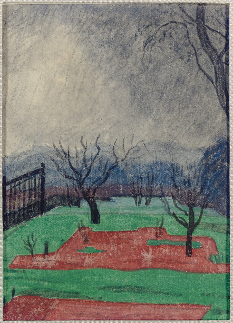 Felt ved solnedgang (w/c og fargestift på papir) av Oscar Florianus Bluemner