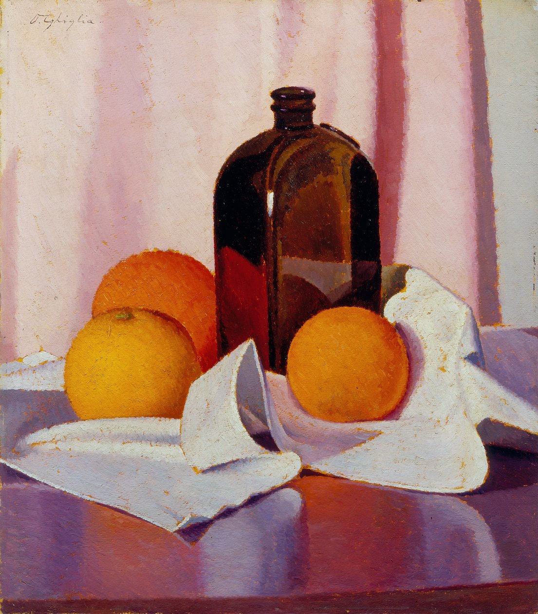Appelsiner og flaske, ca. 1930-40 (olje på papp) av Oscar Ghiglia