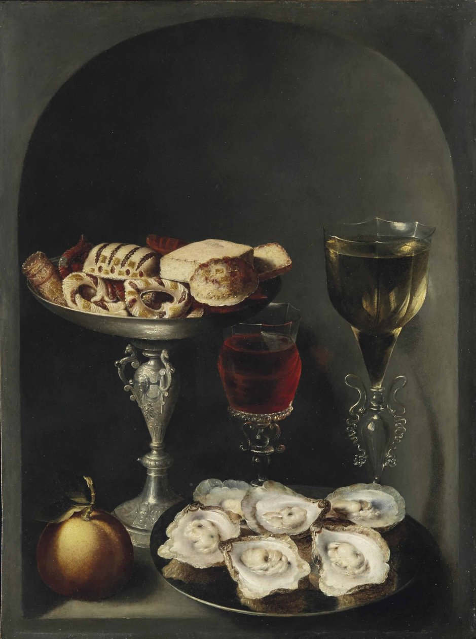 Østers på tinntallerken, søtsaker og kjeks i en sølvtazza, to façon-de-venise vinglass og en appelsin i en nisje av Osias the Elder Beert