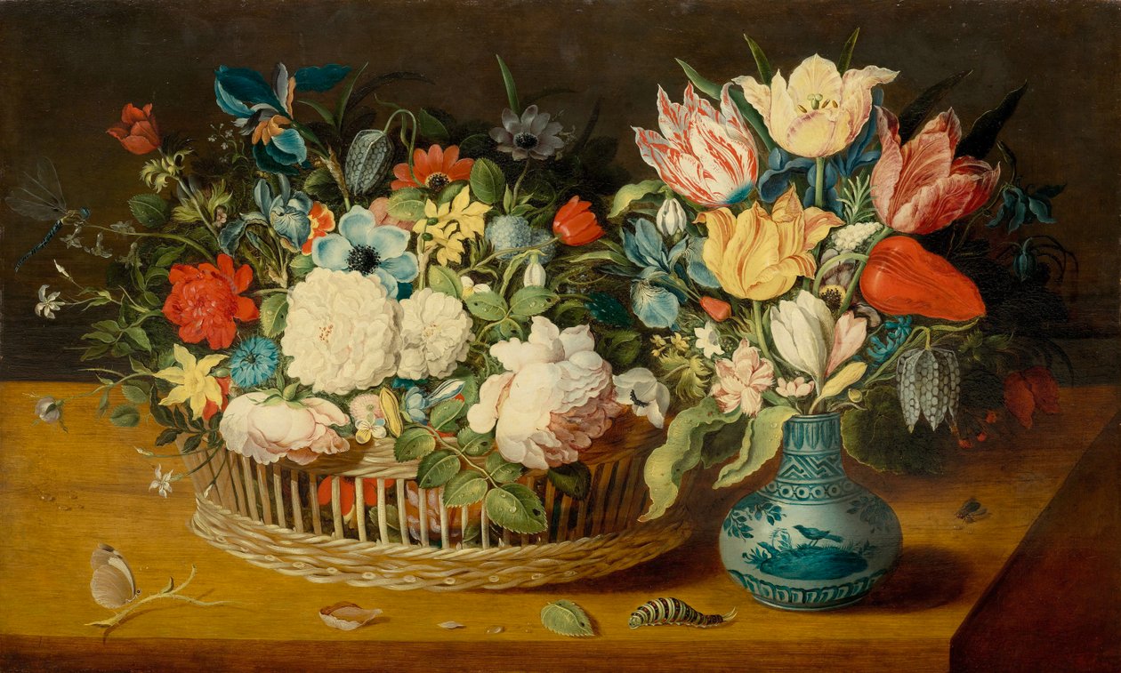Stilleben med blomster i en kurv og en bukett blomster i en porselenvas av Osias the Elder Beert