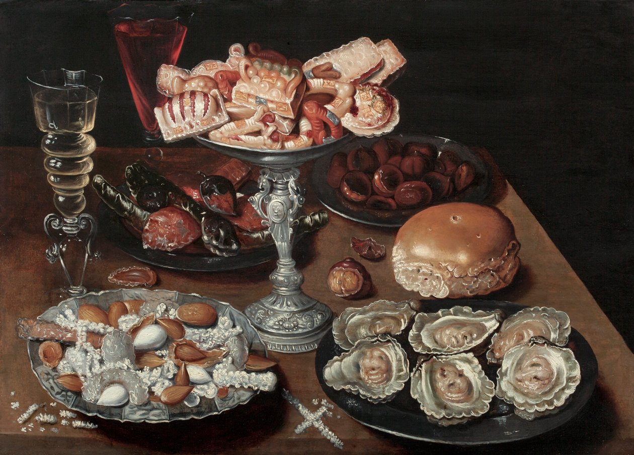 Mandler, østers, søtsaker, kastanjer og vin på et trebord, ca. 1605-30 av Osias the Elder Beert