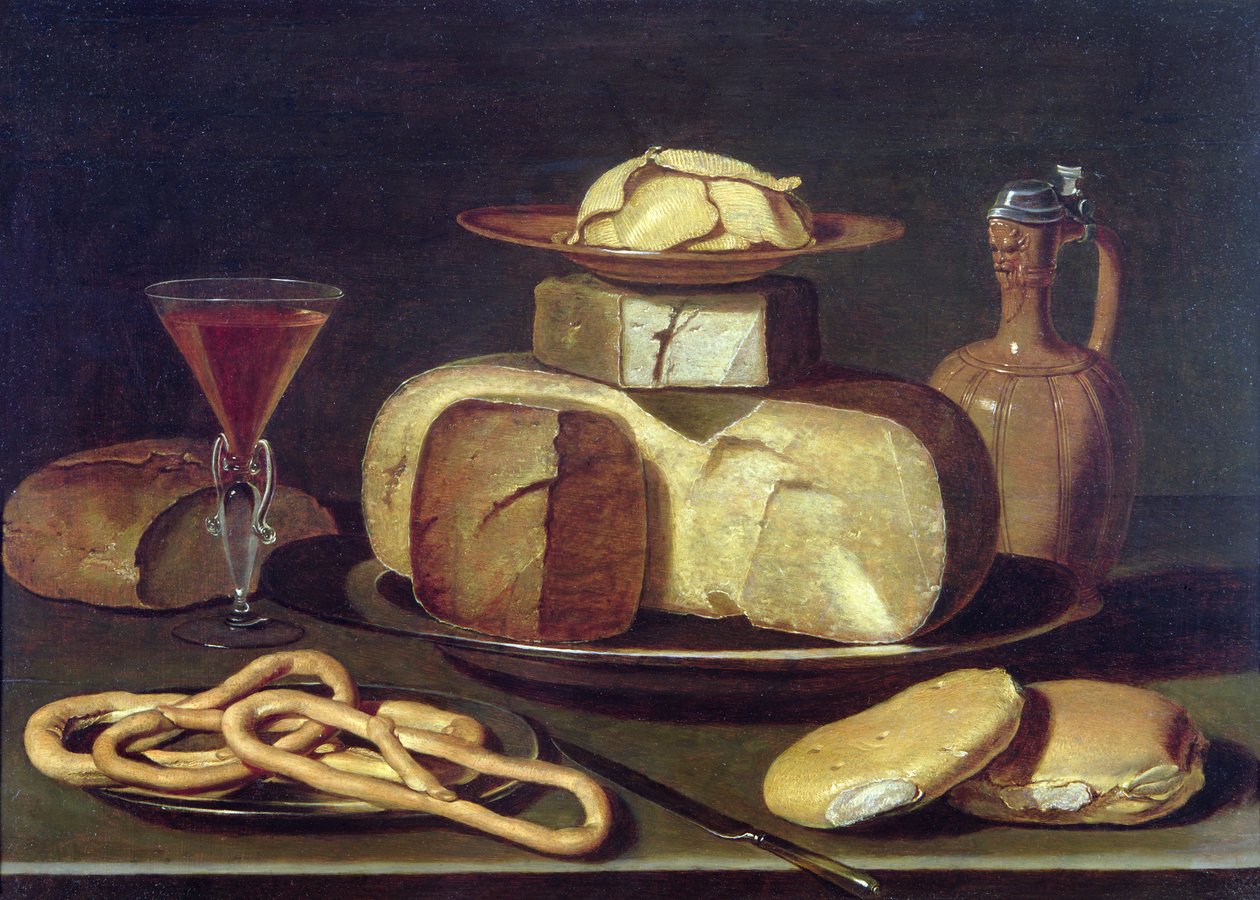 Stilleben med brød, ost, vin og kringler av Osias the Elder Beert
