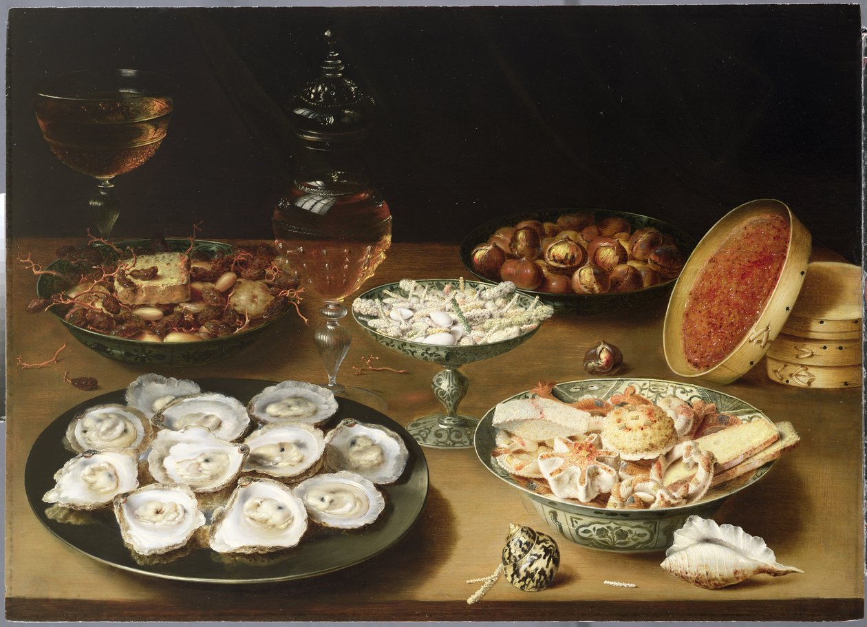 Stilleben med østers, søtsaker og ristede kastanjer (panel) av Osias the Elder Beert