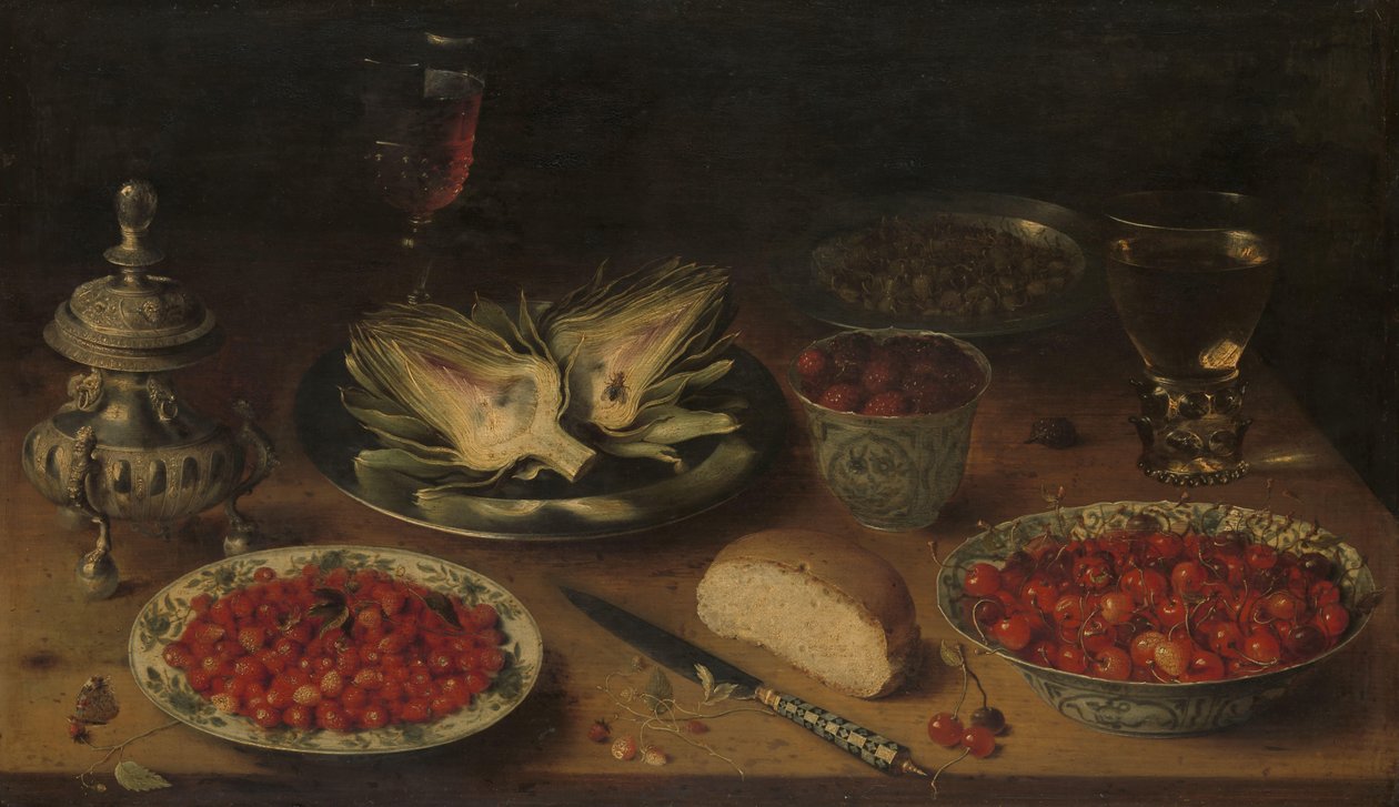 Stilleben med artisjokk, frukt i Kraak-porselensvarer, en saltkjeller/pepperkastor av Osias Beert (I)