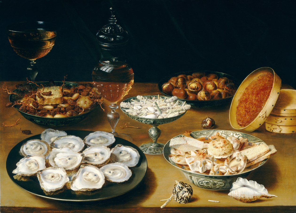 Retter med østers, frukt og vin, ca. 1620-25 (olje på panel) av Osias the Elder Beert