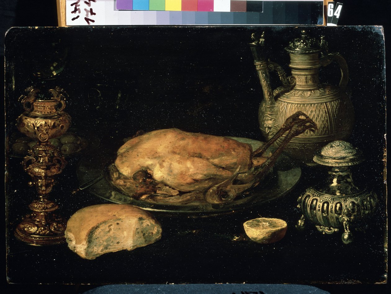 ""Stilleben av kylling, sitron, brød, sølvtøy og oljelampe"" (stilleben) Maleri av Osias Beert den eldste (1580-1624) Mikhail Kroshitsky kunstmuseum fra 1600-tallet, Sevastopol (Sevastopol) Ukraina av Osias the Elder Beert