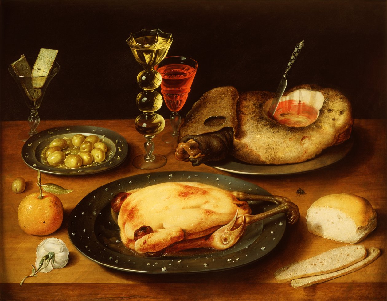 Stek kylling, skinke og oliven på en tinntallerken (olje på panel) av Osias the Elder Beert