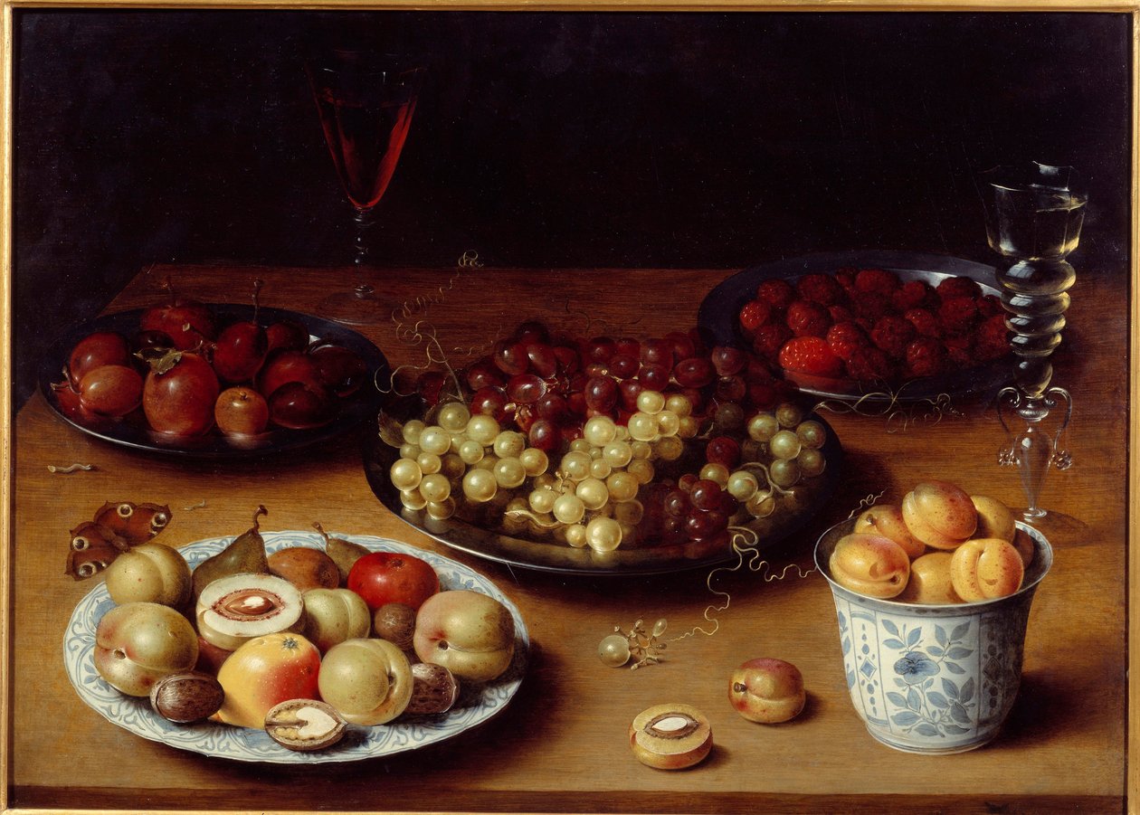 Stilleben av frukt og glass Et bord dekket med plommer, aprikoser, fersken, pærer, druer, bringebær og et glass rødvin. Maleri av Osias Beert I ou l'Ancien (1570-1624) 1600-tallets søn. 0,51x0,73 m Grenoble, Musee des Beaux Arts av Osias the Elder Beert