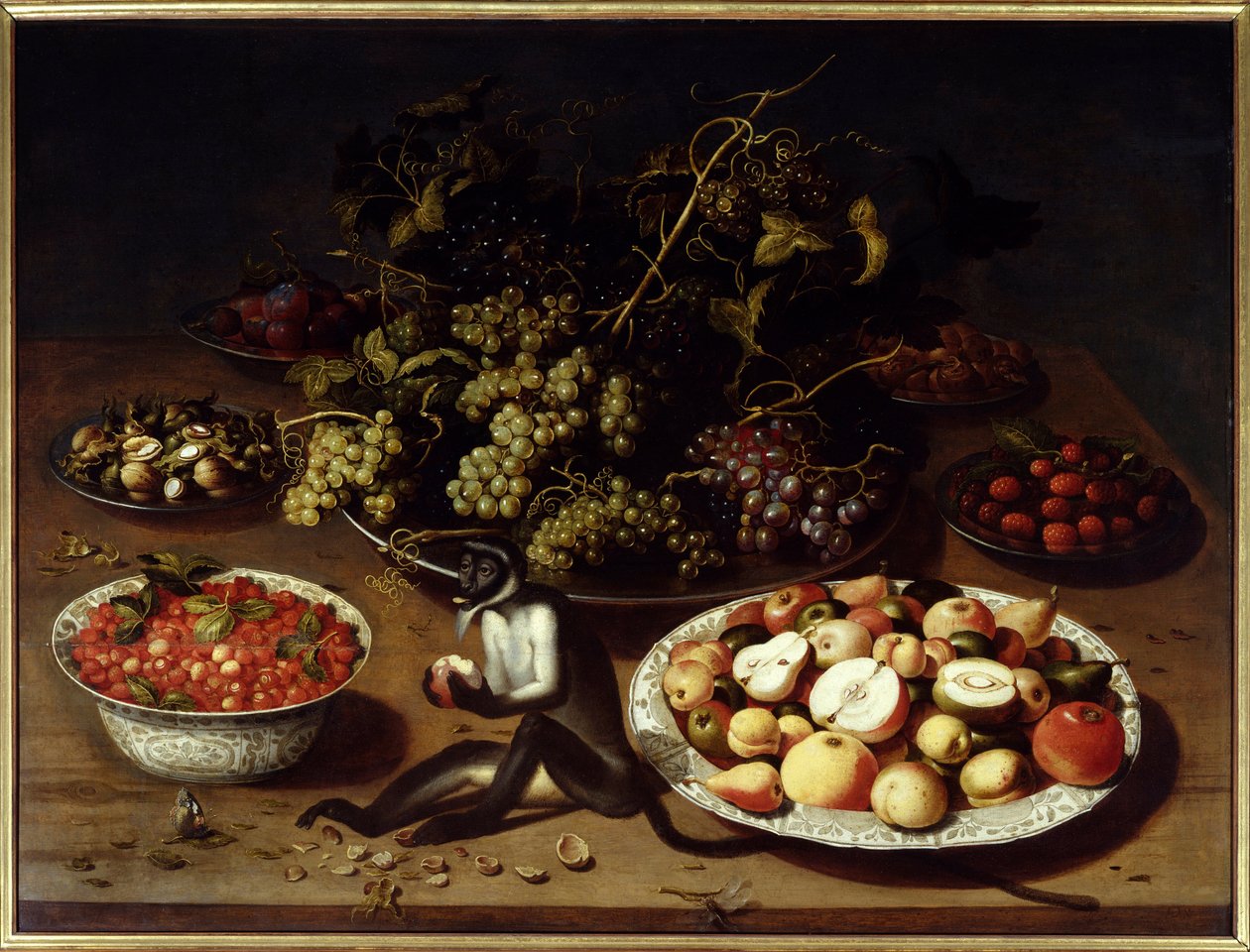 Stilleben av frukt med ape og sommerfugler. Maleri av Osias I Beert (1570-1624) Ec. Flam. av Osias the Elder Beert