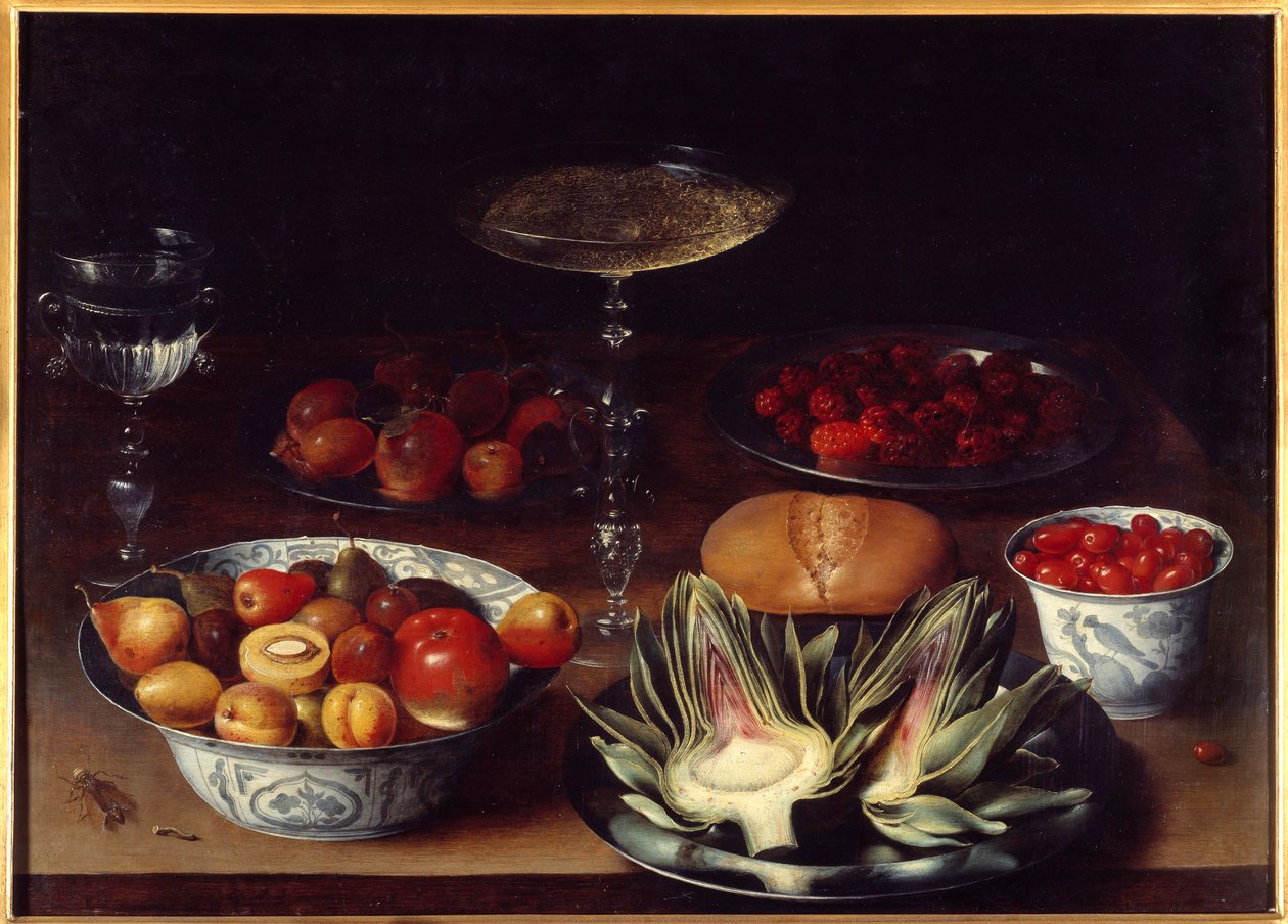 Stilleben med artisjokker Et bord dekket med artisjokker, kirsebær, aprikoser, fersken, pærer, bringebær. Maleri av Osias Beert I ou l'Ancien (1570-1624) 1600-tallet Søn. 0,51x0,73 m Grenoble, Musee des Beaux Arts av Osias the Elder Beert