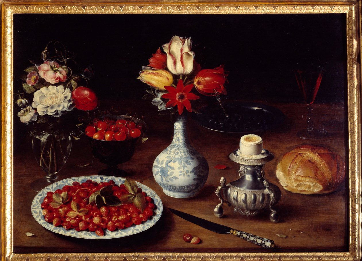 Stilleben med blomstervase Buketter av tulipaner og nelliker med kirsebær, markjordbær, kokt egg (eggekopp) og brød. Maleri av Osias Beert I ou l'Ancien (1570-1624) 1600-tallets søn. 0,52x0,73 m Grenoble, Musee des Beaux Arts av Osias the Elder Beert