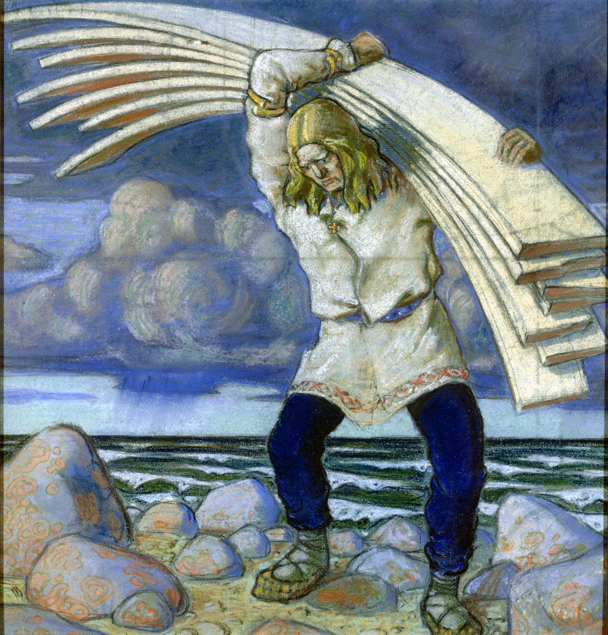 Kalevipoeg som bærer styrene, 1914 av Oskar Kallis