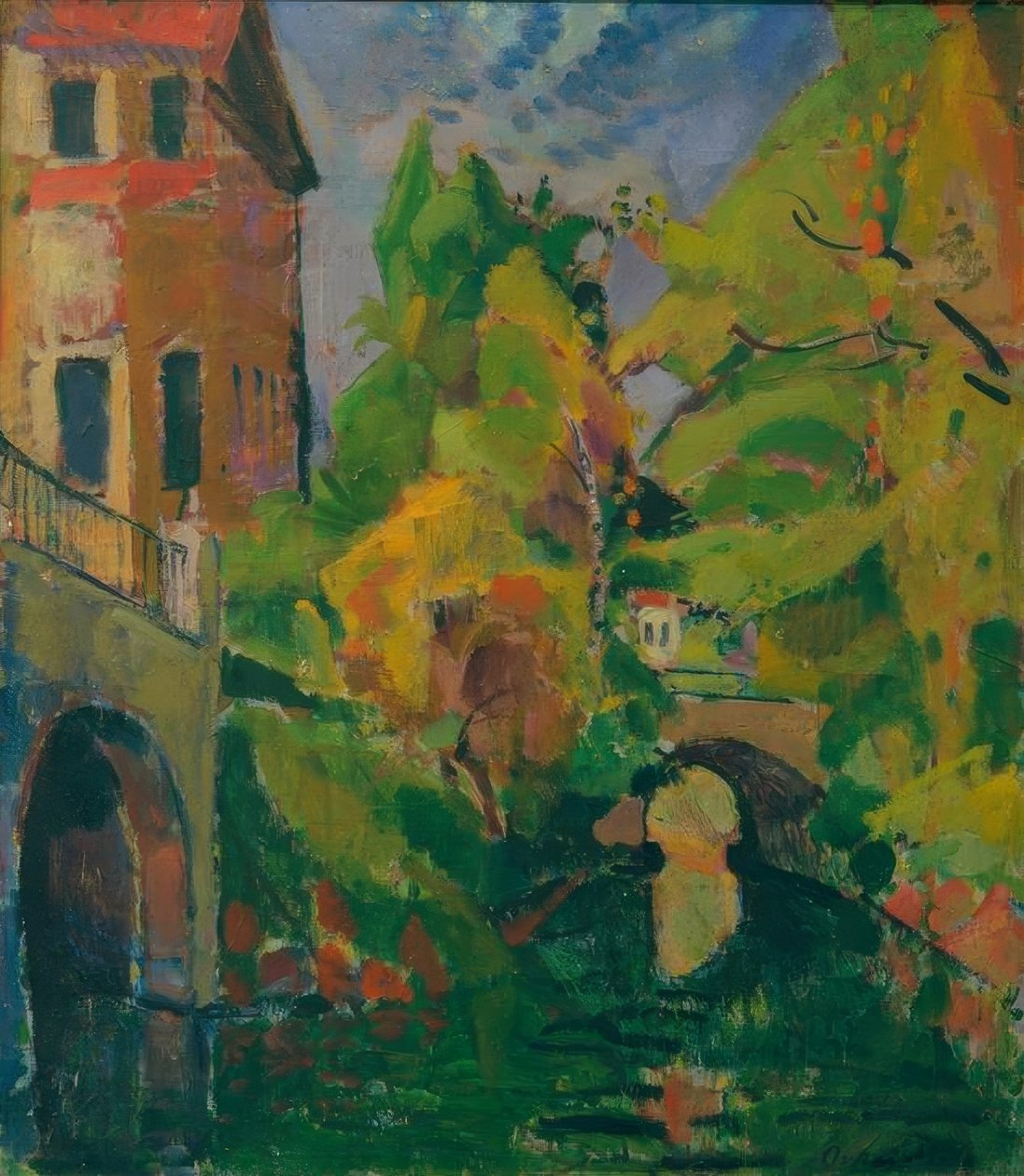 Königsalleebrücke med naust av Oskar Moll