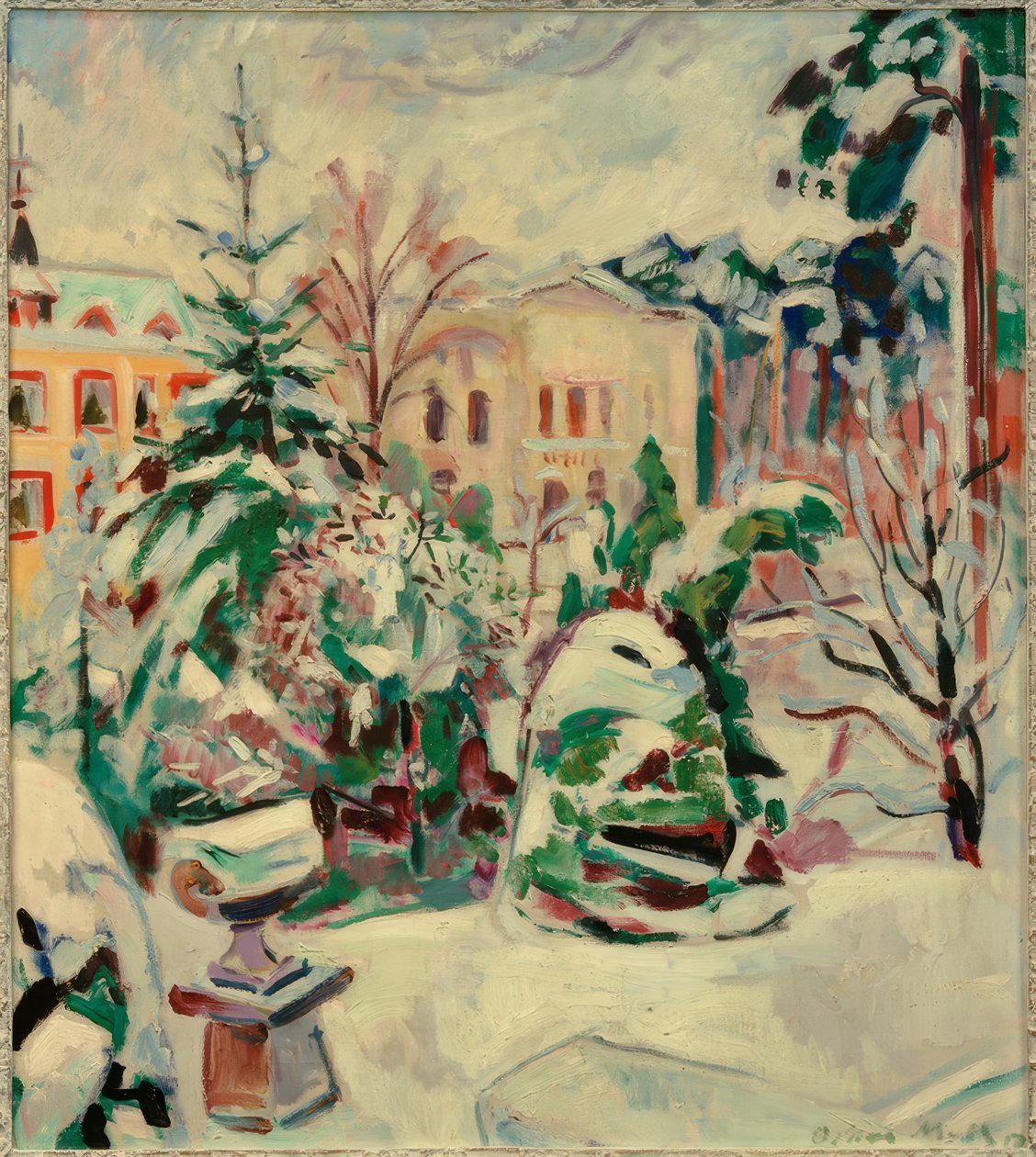 Snødekt park med hus av Oskar Moll