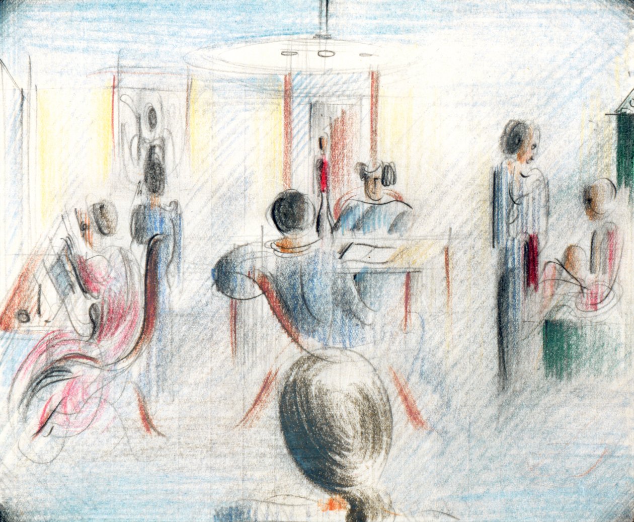 Figures in a Room, 1936 (blyant og fargestift på millimeterpapir) av Oskar Schlemmer
