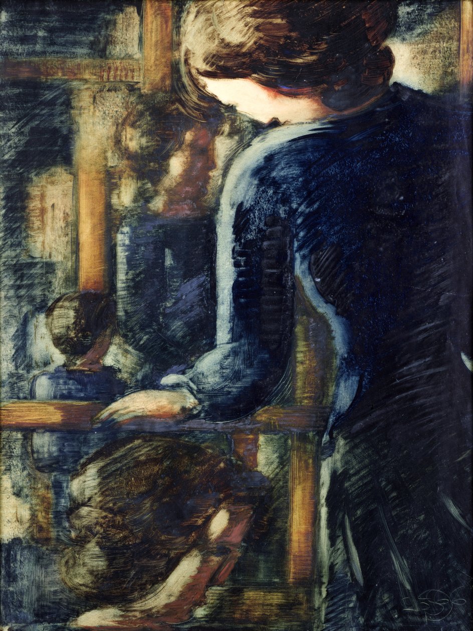 Three Girls (og et hode i profil) (olje på papir) av Oskar Schlemmer