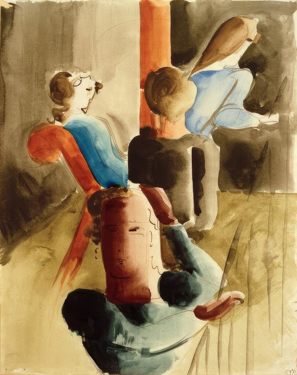 Gruppe på fire med en sittende person av Oskar Schlemmer