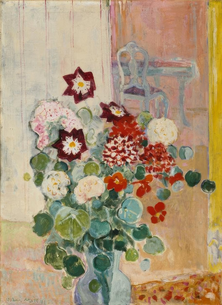 Bukett blomster med georginer og karse av Oskar Moll