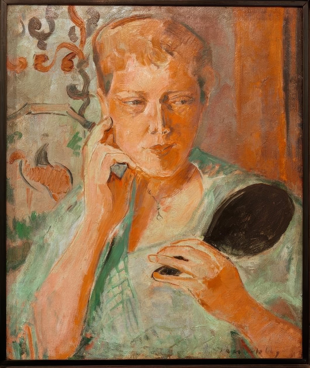 Portrett av Margarethe med svart håndspeil av Oskar Moll