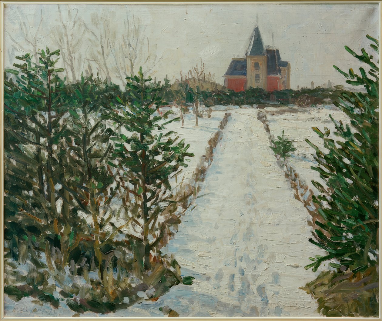 Snølandskap med slott / kirke av Oskar Moll