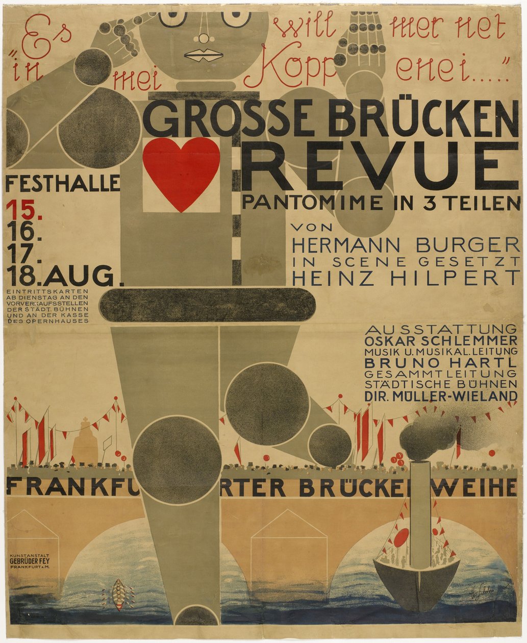Plakat for Bridgefestivalen (pantomime) - Plakat for den store brorevyen, av Schlemmer, Oskar (1888-1943). Fargelitografi av Oskar Schlemmer