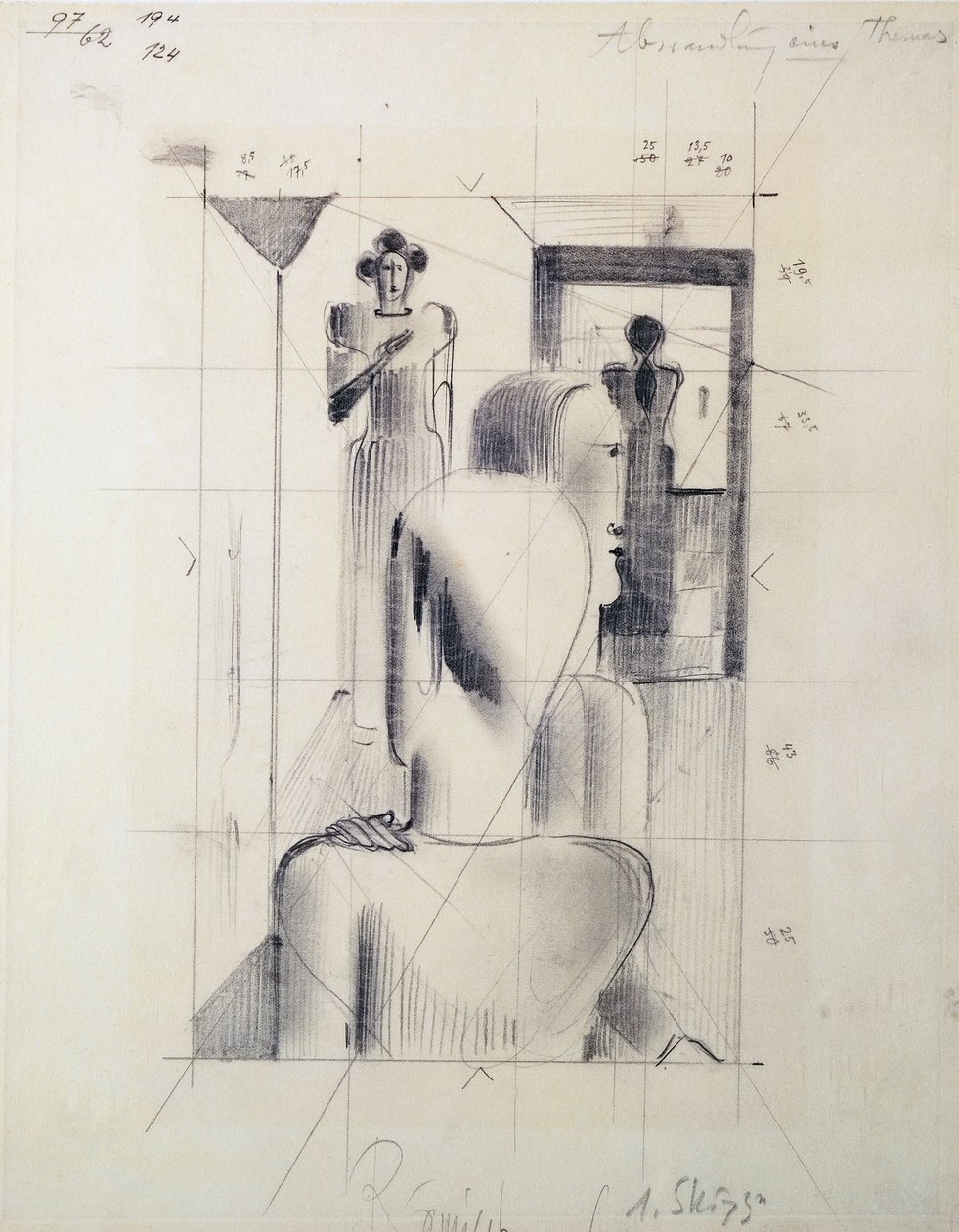 Figurer i et rom, av Oskar Schlemmer (1888-1943), blyant på papir. Tyskland, 1900-tallet. av Oskar Schlemmer