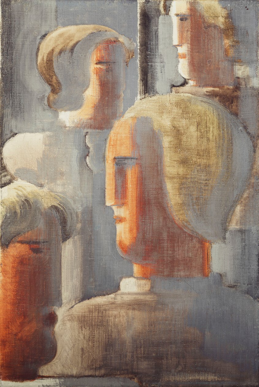 Gruppe på fire hoder gråblå, Folkwang-studie III; Fire gruppe hoder gråblå, Folkwang Studie III av Oskar Schlemmer