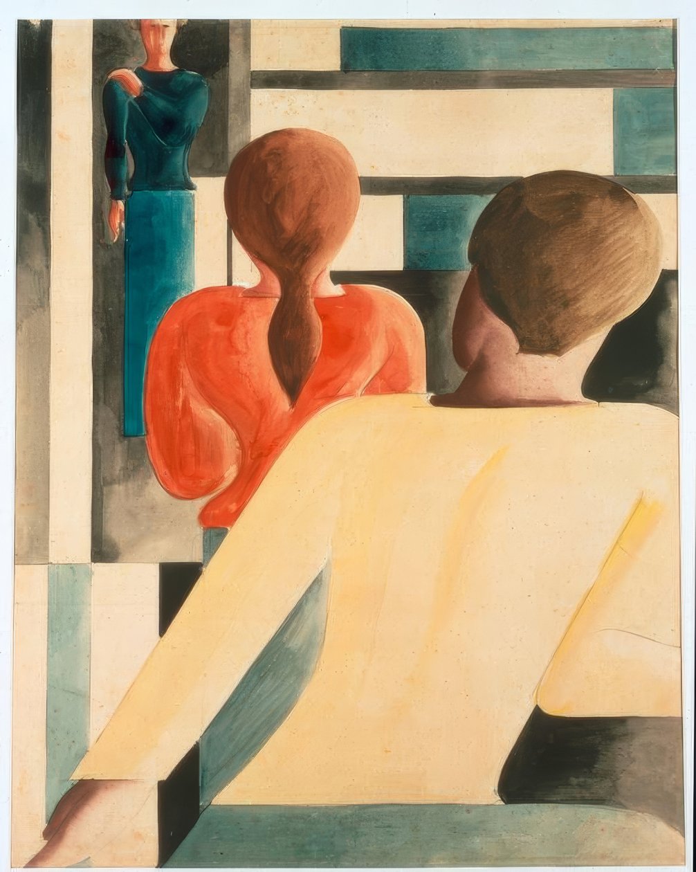 Interiør i blått, gult og rødt av Oskar Schlemmer