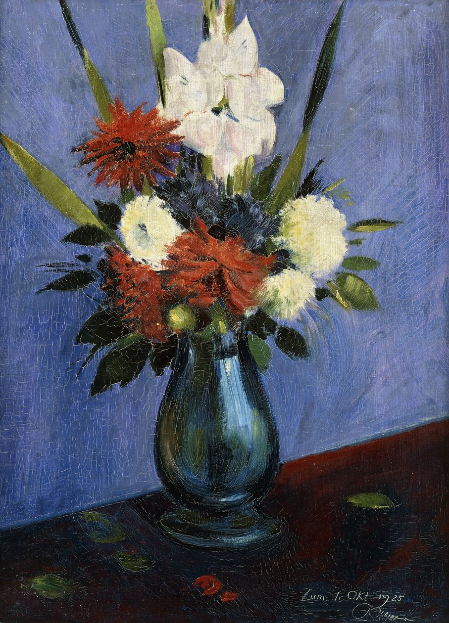 Vase med blomster med Gladiola og Dahlia; Blomstervase med gladioler og georginer av Oskar Schlemmer