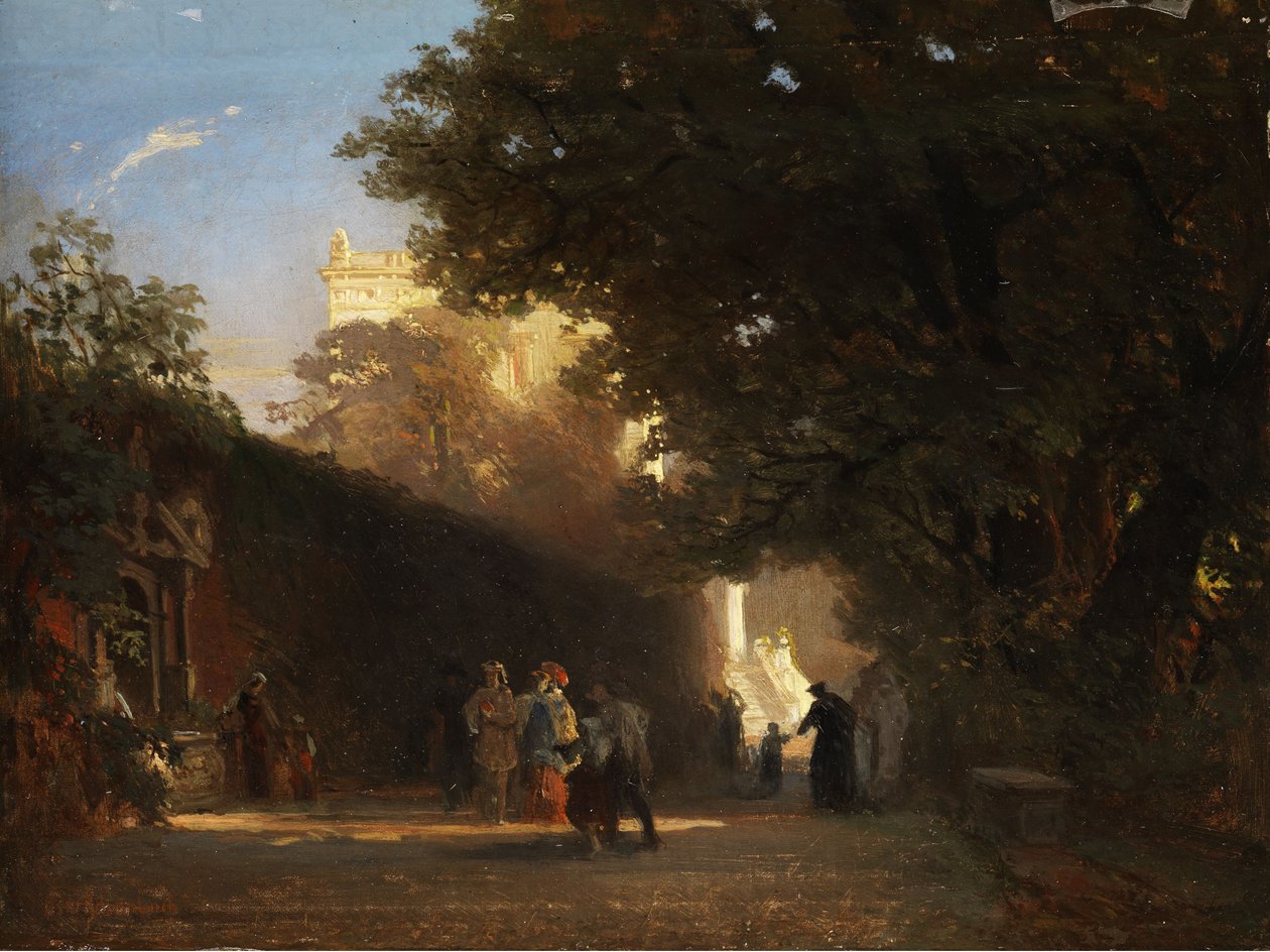 Italiensk villa og park med edelt selskap og prester av Oswald Achenbach