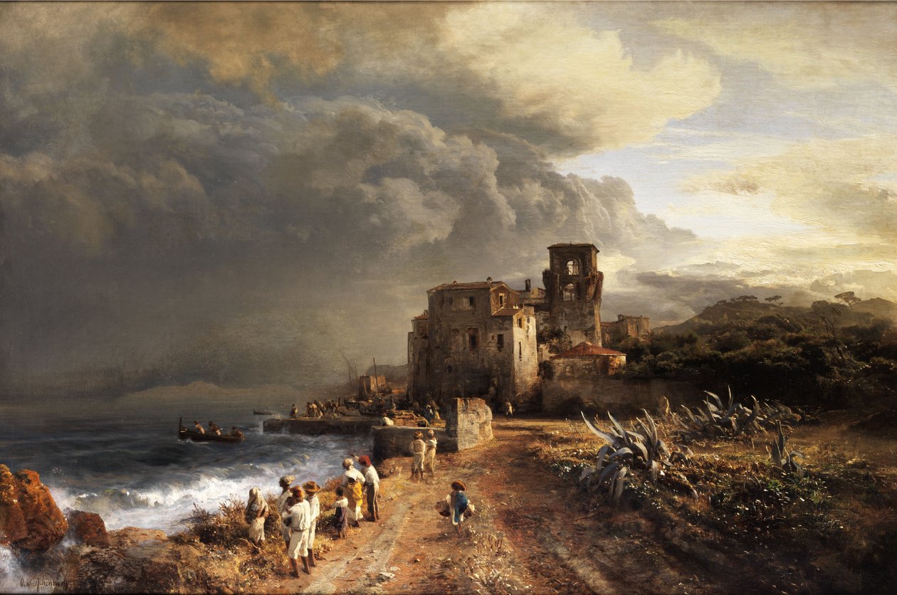 Skyggelagt landskap ved sjøen med figurstab av Oswald Achenbach