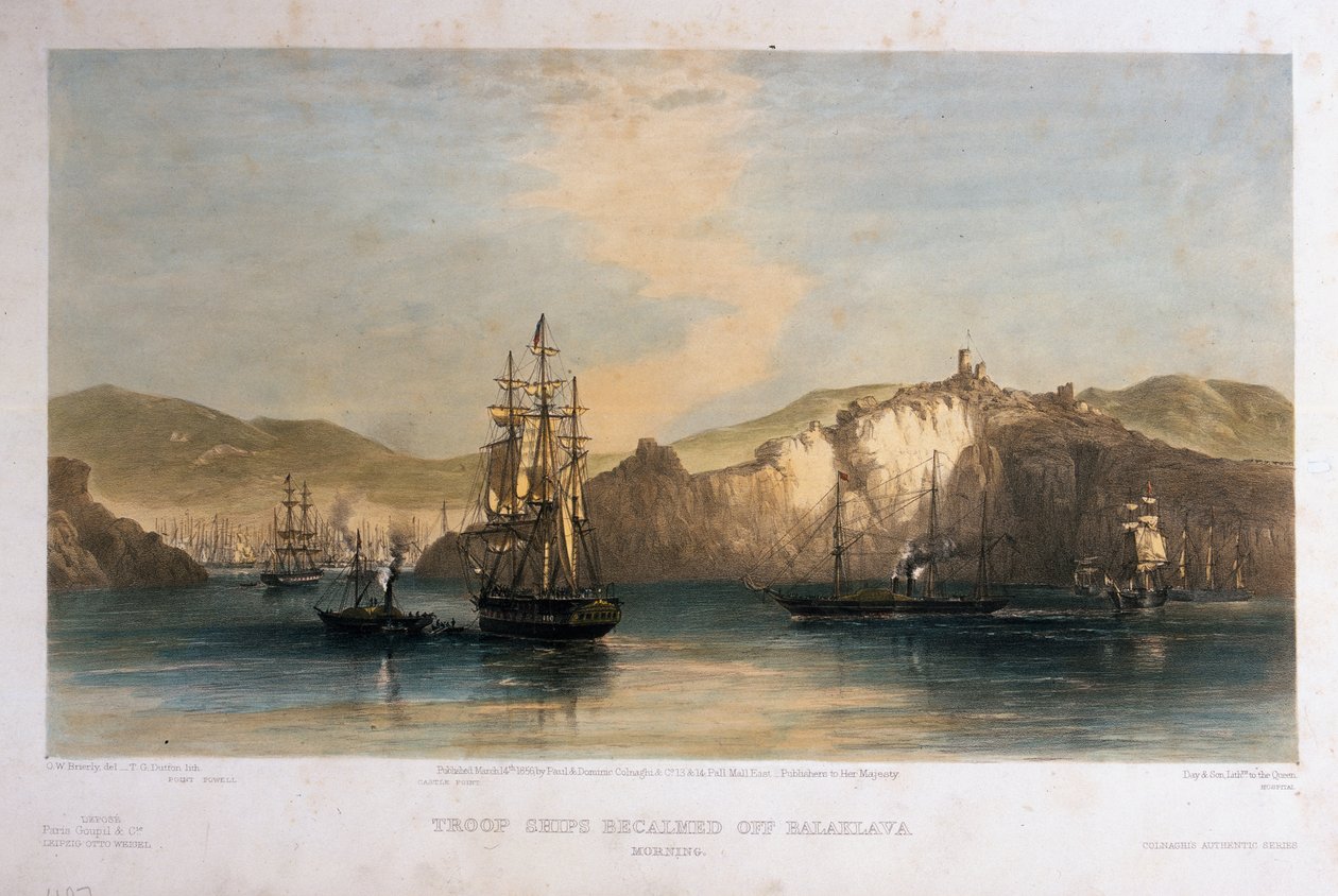 Troppeskip ble beroliget utenfor Balaklava, Morning, gravert av T.G. Dutton, utgitt av Colnaghi und Co., 1855 av Oswald Walters Brierly