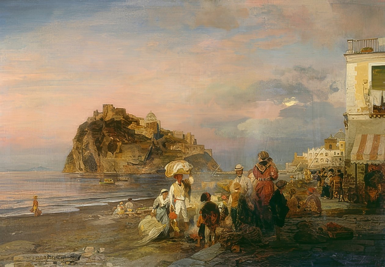 Kveldsstrand nær Ischia. 1879 av Oswald Achenbach