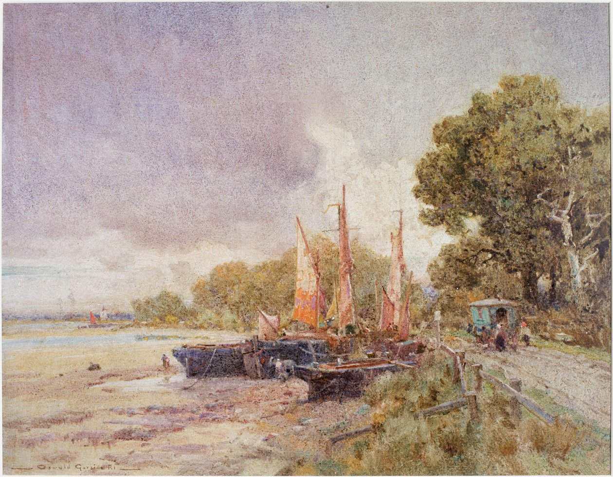 Themsen ved Barnes, ca 1916-24 (Akvarell, lim og tempera) av Oswald Garside