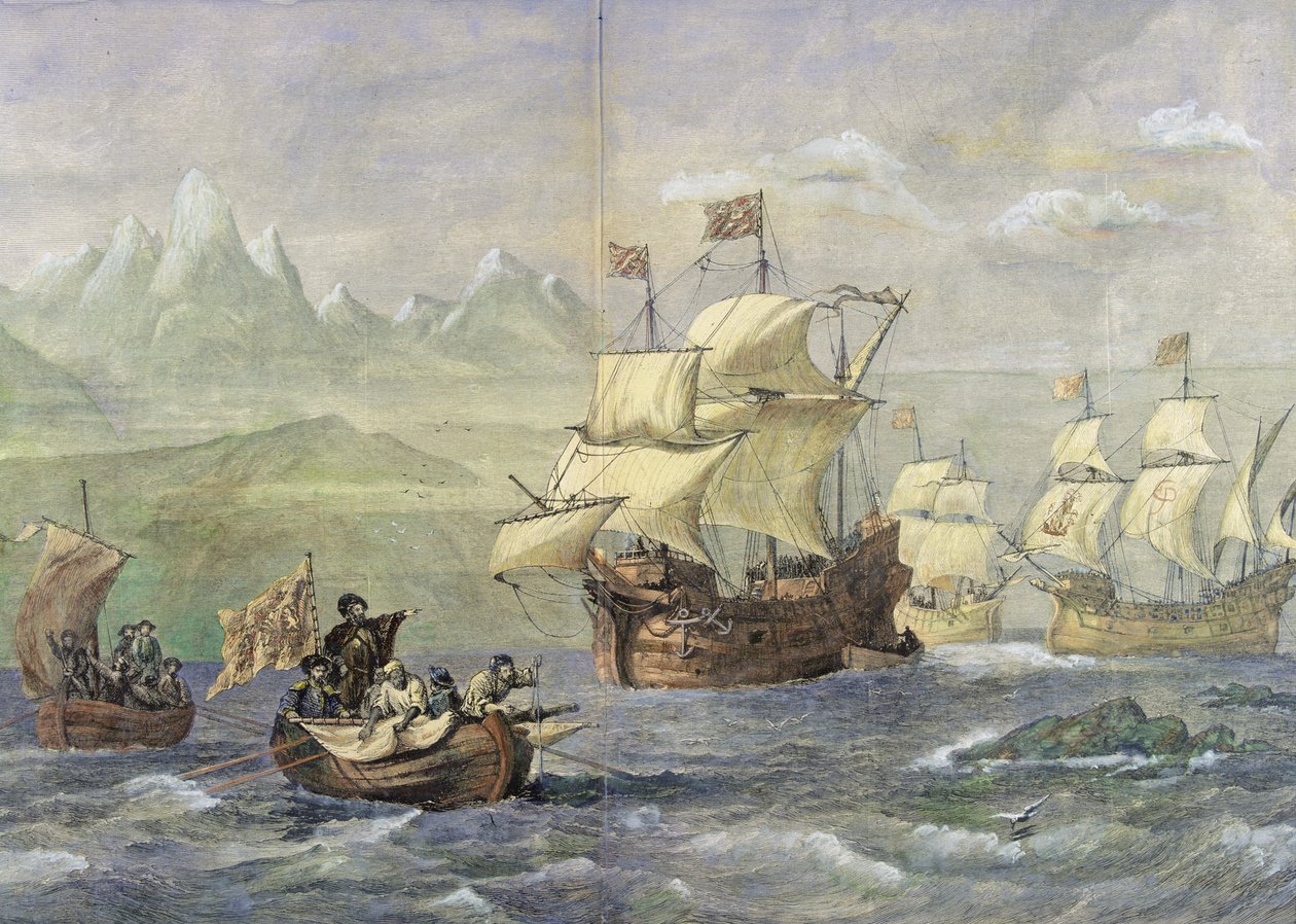 Oppdagelsen av Magellanstredet (farget gravering) av Oswald Walters Brierly
