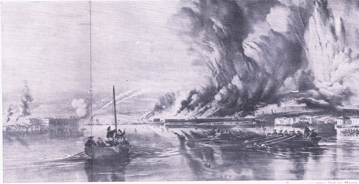 Sevastopols fall og russernes retrett, 8. september 1855, illustrasjon fra British Battles on Land and Sea, 1915 av Oswald Walters Brierly