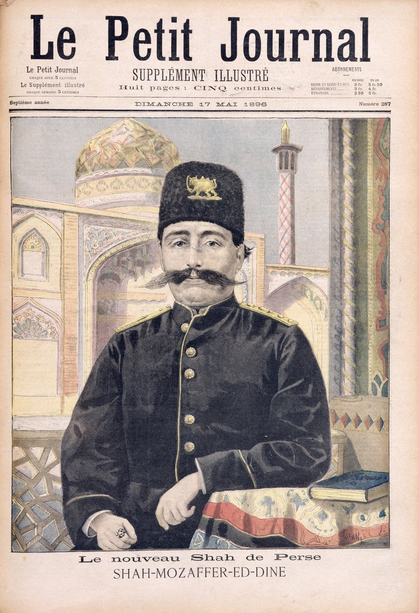 Portrett av Shah Mozzafer-ed-Din (1853-1907) illustrasjon fra 'Le Petit Journal', 17. mai 1896 av Oswaldo Tofani