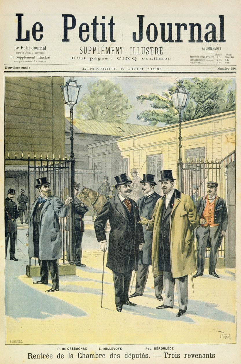 Tittelside som viser gjenåpningen av House of Deputies med Paul Granier de Cassagnac, Lucien Millevoye og Paul Deroulede, illustrasjon fra det illustrerte tillegget til Le Petit Journal, 5th J av Oswaldo Tofani