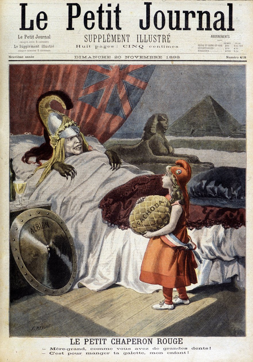 Rødhette. Tegneserie om Fachoda og ambisjonene til den "forræderske Albion"". Gravering av F. Méaulle etter Tofani. «The Petity Journal», 20. november av Oswaldo (after) Tofani
