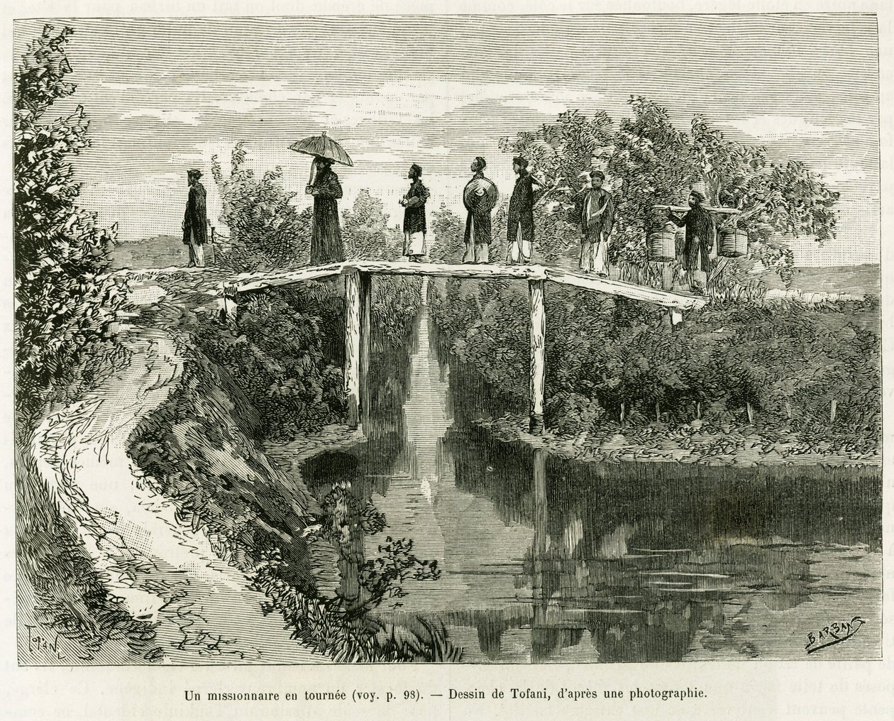 En misjonær i sin tur. Gravering av Tofani, for å illustrere historien Trente mois au Tonkin, i 1884, av doktor Paul Hocquard, i le tour du monde 1890, under ledelse av Edouard Charton (1807-1890), Hachette, Paris. av Oswaldo Tofani