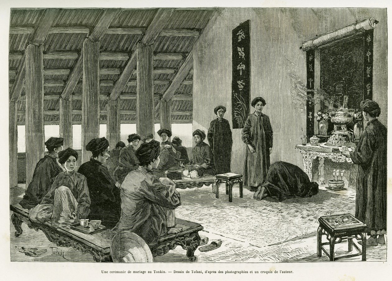 En bryllupsseremoni på Tonkin. Gravering av Tofani, for å illustrere historien Trente mois au Tonkin, i 1884, av Dr Paul Hocquard, i le tour du monde 1890, under ledelse av Edouard Charton (1807-1890), Hachette, Paris. av Oswaldo Tofani